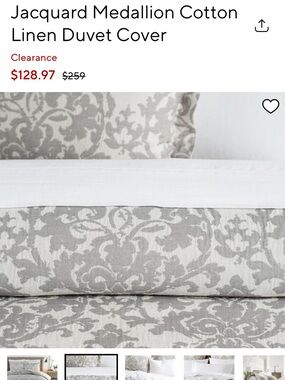 Pottery Barn Jacquard Medallion Cotton Linen Duvet Cover in Gray and White.